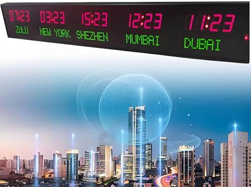 Orologio Mondiale Da Parete Con Telecomando, Orologio Mondiale Con 5 Città, Orologio Digitale Con Fuso Orario, Orologio Da Parete a LED, Luminosità Regolabile a 3 Livelli,Red+green
