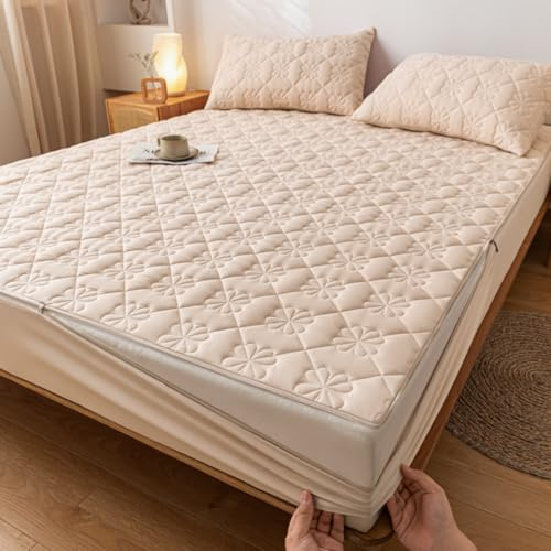 Morbuy Coprimaterasso Singolo Matrimoniale Impermeabile, Coprimaterasso Una Piazza e Mezza Antiacaro con Cerniera Morbida e Traspirante per Materassi Altezza 25cm (200 * 220+25cm,Beige)