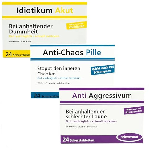 Scherztabletten im 3er Set, Schoko Drops Tabletten als Geburtstagsgeschenk | Idiotikum Akut, Anti Chaos, Anti Aggressivum. Spaß, gute Laune, Kollegen, Mann und Frau, Spaßgeschenk, Mitbringsel