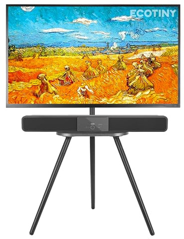 ECOTINY TV Ständer für 43 bis 65 Zoll LCD LED OLED Bildschirm bis zu 35KG | Höhenverstellbar und Schwenkbar Stativ Fernseherständer, TV Staffelei Holz mit Holztablett, Max VESA 400x400mm, Schwarzguss