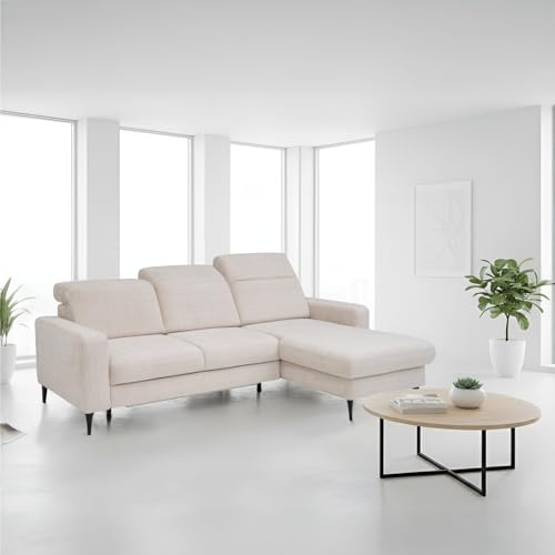 BUGAJSKI Sofa Ecksofa 3-Sitzer L-Form Couch mit Schlaffunktion und Stauraum Bettkasten 223×174 cm beidseitig Rechts/Links mit verstellbaren Kopfstützen Chenillebezug für Wohnzimmer (Beige)
