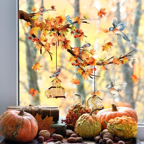 WandSticker4U®- Fensterbilder Herbst selbstklebend VÖGEL auf AST (73x40 cm) I Fenstersticker Herbstdeko Fenster Wohnzimmer Schlafzimmer Küche I Fensterdeko Herbst Blätter Äste wiederverwendbar GROß