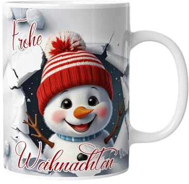 Tasse Frohe Weihnachten | Schneemann | Personalisiert mit Namen – lustige Tiere, Geschenkidee für Männer, Frauen, Kinder, Mädchen, Jungen, 3D Illusion Wintermotiv Schnee Cartoon