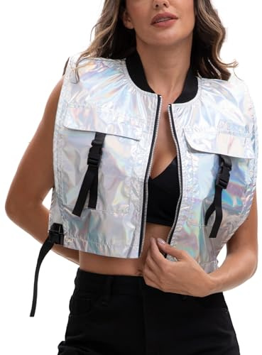 Ausing Damen Oberteil Metallic Träger Top Glitzer mit Reissverschluss T Shirt Crop Club Kostüm Party Glitzeroberteil Holographic S-XL