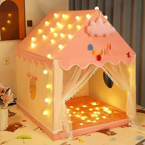 Large Kids Play Tent Indoor, 2 in 1 Children’s Playhouse with Star Lights and Colourful Flags, Machine Washable Girls Play Tent with Sturdy Metal Frame, Indoor Tent for Kids 100x120x130cm