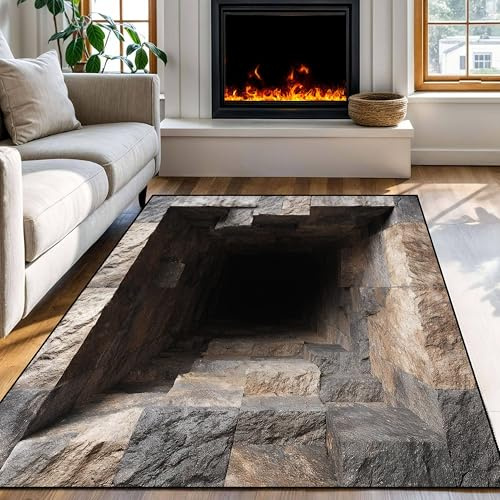 4x6 3D Optical Illusion Rug 2026 New Rock Cave Hole Design Vortex Realistic Area Rugs Non-Slip Doormat for Living Room Entrance Bedroom Decor Realistic 3D Stone Pit Carpet