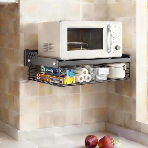 Ysislybin Soporte Microondas, Soporte para Microondas de Pared 2 Niveles con Cesta de Alambre Estanteria Microondas Cocina de Metal para Horno y Microondas