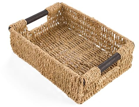 Gatarn Seagrass Storage Baskets | Rectangular Handwoven Wicker Style Baskets with Wooden Handles | Nesting Shelf Storage Hamper Organiser for Bathroom, Bedroom, Kitchen & Home Office (Medium)