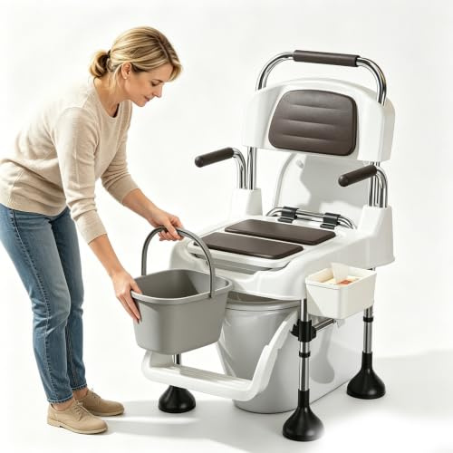 Shower Chair Commode, Portable Stainless Steel Toilet Stool, 180° Swivel Armrests, Wide Anti-Rollover Base, Removable Pull-Out Bucket, Elderly Fall Prevention for Bathroom & Bedroom(Fixed Foot Pads)