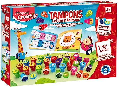 Joustra Maped Creative - Buchstaben und Tiere, kreative Freizeit für Kinder ab 3 Jahren, 52 Stempel, 1 Lernheft und 6 Filzstifte, waschbare Tinte, J41577, Mehrfarbig