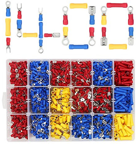 Kabelschuhe Set, ULIFEME 1400 Stücke Isolierte Flachstecker Sortiment, Ringkabelschuh, Gabelschuhe, Quetschverbinder, Flachsteckhülsen und Steckverbinder für Kabel, Rot, Blau, Gelb Kabelschuh Stecker