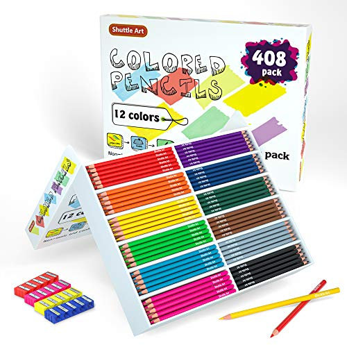Shuttle Art 408 Pack Buntstifte Schule Set, 12 Farben Malstifte für Kinder plus 20 Anspitzer, Buntstifte großpackung für Kinder, Klassenzimmer, Schulbedarf, Schreibwaren
