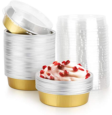 Beasea Disposable Pie Tins 4 Inch, 50 Pack Mini Tart Pans with Lids, 8 Oz Golden Aluminum Pie Pan Tin Tart Pans Round Oven Baking Mini Cake Pan for Pie Tart Quiche
