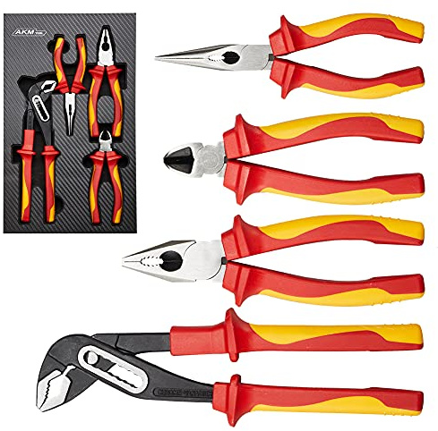 AKM VDE-isoliertes Werkzeug-Set, 4-teilig, 1000 V, Zangen-Set mit Nut und Feder, Seitenschneide, Spitzzange und Linesman Zange