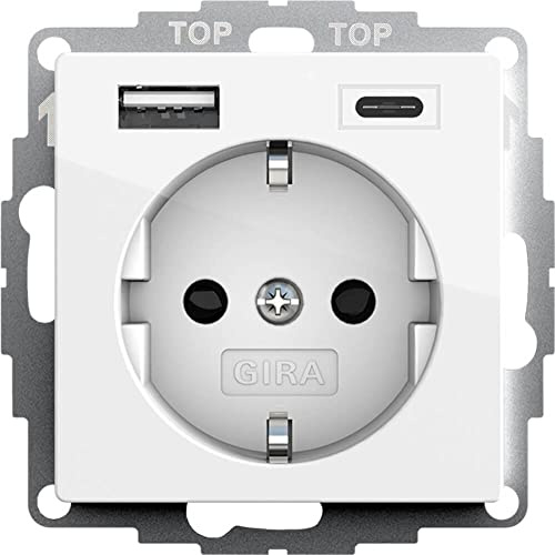 Gira Steckdose USB‑A & USB‑C & Schuko Standard 55 Reinweiß glänzend 245903 I Ladeanschluss max.2,4 A / 3 A I 2‑fach Anschluss + Schutzkontakt I Berührungsschutz I Unterputz 32 mm I System 55