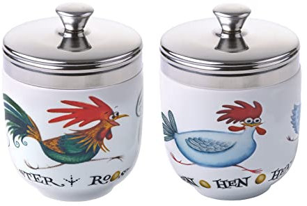 BIA International - Set Of 2 Porcelain Egg Coddlers - Chasing Chickens Design By Clare Mackie - Egg Boiler Kitchen Gadgets - Sous Vide Cooking Pot