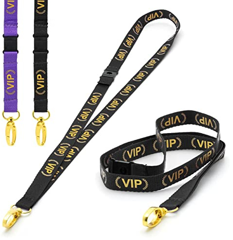 CKB LTD Svart VIP LANYARDS Breakaway säkerhetsband halsrem svängbar guldfärg metallklämma för ID-korthållare – dra snabbfrigörande design paket med 10