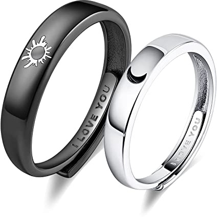 Beydodo Hocheitsringe Paar Silber 925, Sonne Mond Ringe Set mit Gravur I Love You Verlobungsringe Verstellbar für Paare Silber Schwarz