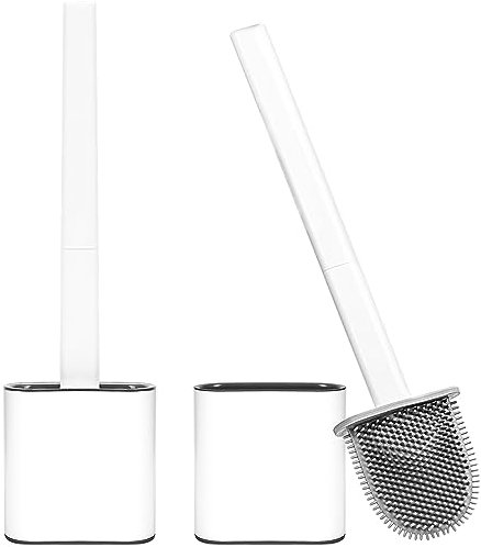 2 Pack Brosse de Toilette en Silicone, Brosse WC avec Support à séchage Rapide, Brosse de Toilettes Détachable à Manche Long, Balai WC Montage Mural/au Sol pour Salle de Bain