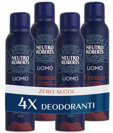 Neutro Roberts, Deodorante Spray Uomo Essenza Mediterranea, Con antiodore, Zero Alcol, Con Puro Olio di Glicerina, Deodorante Uomo, Dermatologicamente testato, 48h - 4 Pezzi da 150 ml