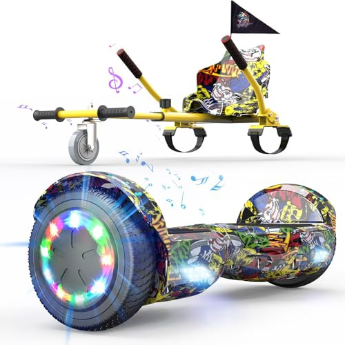 6,5 Hoverboards con Kart, Hover board con Sedile, Skateboard con Sedile per Bambini e Adulti, Batteria 4Ah, Hoverboard con Bluetooth e Luci LED, Max 15 km/h, 7KG Overboard con 5,6KG Seduta