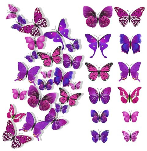 24 Piezas 3D Mariposa Pegatinas de Pared Etiquetas Engomadas Mariposas Decoración de la Pared Mariposas de pared Accesorios para el dormitorio Para Hogar Casa Habitación (Púrpura)