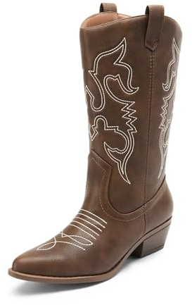 DREAM PAIRS Women's Comfortable Winter Western Boots,Waterproof Mid Cowboy Boots for Ladies,Beautiful and Stylish Party and Character Dress Up Boots,Size 7,Brown-Pu,SDMB2218W