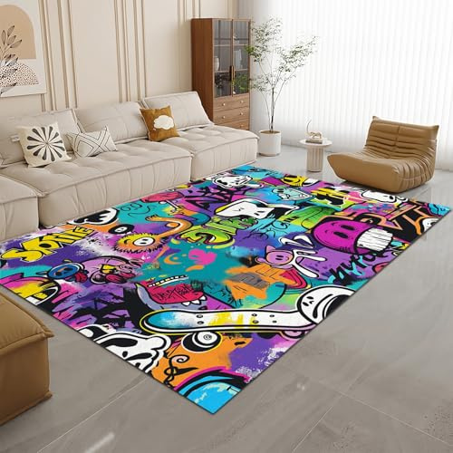 Teppich Cartoon-Neon-Graffiti Design Rechteckig Teppiche 120 x 160cm in Bunt, Waschbarer Weich Kurzflor Teppiche Anti-Rutsch Unterseite Home Teppich Wohnzimmer Schlafzimmer Jugendzimmer