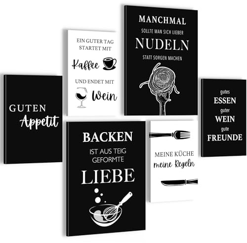 Novart Bilder Küche - KOMPLETT AUFHÄNGFERTIG - Schwarz Weiss Esszimmer Küchenbilder Set - 6 Moderne Mood-Bilder N030563a