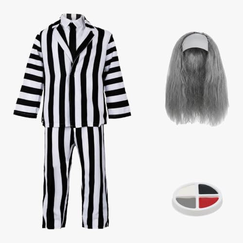 Disfraz de Halloween a rayas para niños, grande, traje de rayas blancas y negras y camisa, corbata negra, disfraz de Halloween para niños