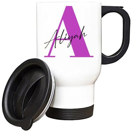 Getagift Personalised Initial with Name, Alphabet Marble Theme, Insulated 14oz Travel Mug, Tea, Coffee Mug. (White)