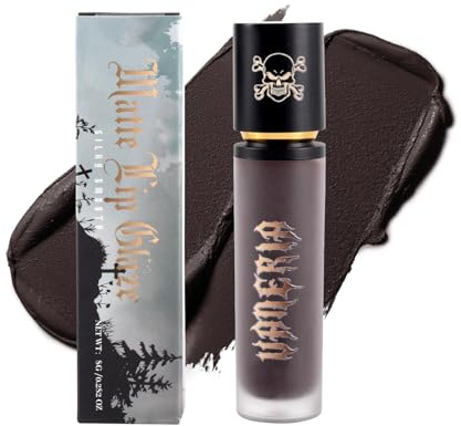 vaneria Lápiz labial líquido negro mate. Esmalte labial gótico de la serie black. Brillo labial morado hidratante de larga duración. Ideal para fiestas de halloween y maquillaje gótico.(0.28 Oz)