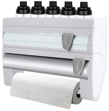 Schneidemaschine für Frischhaltefolie,3-in-1 Küchenrollenhalter Wand | Magnetisch Alufolienspender & Frischhaltefolienspender mit Scharfem Messer | Aufgerüsteter Folienspender für Plastikfolie