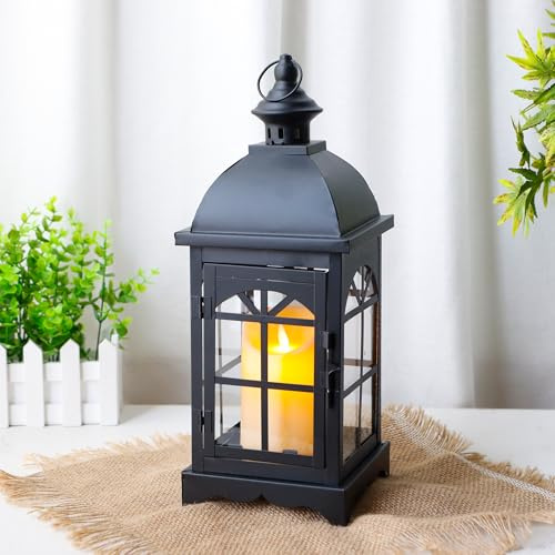 TRIROCKS Dekorativ vintage ljuslyktor 37 cm H bondgård hängande ljushållare med härdat glas för veranda balkong uteplats hem trädgård bröllop inomhus utomhus (svart)