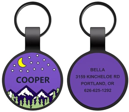Hundemarke mit Gravur von Individuellen und Katzenmarken aus Silikon mit Namen, Hundezubehör Hundemarke Personalisiert Geräuschlose Dog Tag Personalisiert Leicht und Wasserdicht (Lila Berge, Runden)