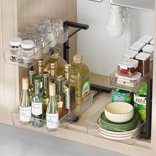 PCXWTLN Under Sink Storage, 2 Tier Under Sink Storage Kitchen Organiser with Pull-Out Bottom Basket, Under Sink Shelf Multi-Purpose Organisation for Bathroom Kitchen Countertop, 1 Pack, Black