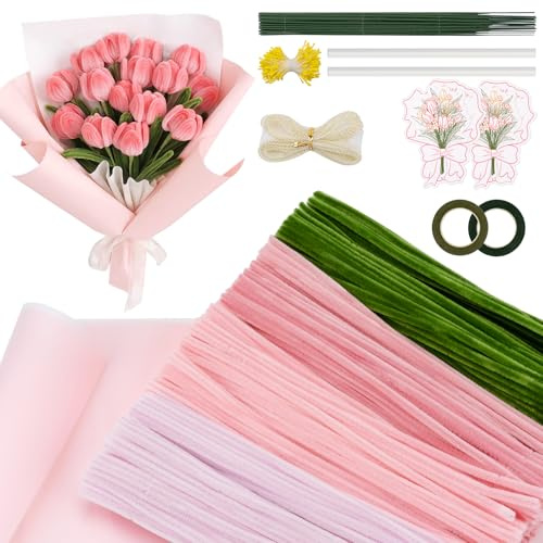 JelyArt Lot de 400 cure-pipes colorés pour bouquets de fleurs éternelles - Pour le bricolage - Tulipes et lys - Kit cadeau avec fil floral, ruban et étamines