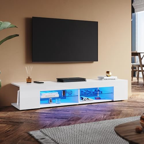 SUNXURY Meuble TV blanc brillant 160 cm avec éclairage LED 160 x 39 x 30 cm (l x p x h) - Meuble TV moderne avec étagère en verre de 5 mm - Meuble TV bas en bois pour salon