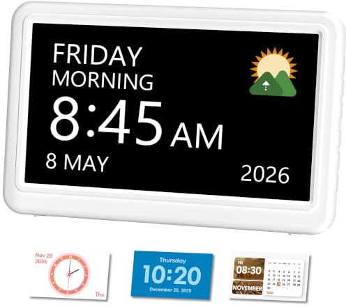 Mesqool 7 Digital Calendar Day Clock for Seniors, Easy-Read Dementia Clock for Elderly with 20 Alarms & Reminders, Auto-Dimming, 12 Themes, 18 Ringtones, Photo Frame, Snooze (White)