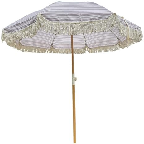 Générique 180 cm Parasol de Plage Rayé Grise avec Franges, Parasol de Terrasse Portable avec Inclinaison Réglable, Parasol de Balcon Pliable Protection UPF50+