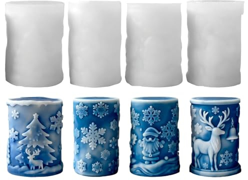 4 Stück Silikonformen Gießformen Weihnachten Kerzenformen Zum Gießen | 3D Zylindrische Silikonform Weihnachten mit Schneeflocken Elch, Gießformen Silikon Weihnachten Kerzenform für DIY Handwerk