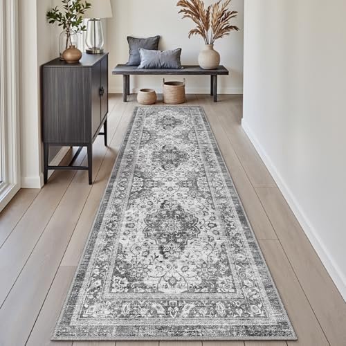 DEXI Läufer Flur 60 x 210 cm, Waschbar und rutschfest, Grau | Dünne Vintage‑Stil Läufer Teppich, Schmutz & Wasser Teppichläufer für Flur, Hauseingänge, Küche, Waschküche