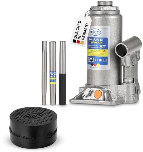 alca® Wagenheber Set hydraulisch 5 t 197-382mm Hubhöhe inkl. Gummiauflage | Doppelkolben Stempelheber aus Stahl im Bundle, Unterstellheber für Auto, PKW, SUV, Caravan, Anhänger, Transporter & Werkstatt