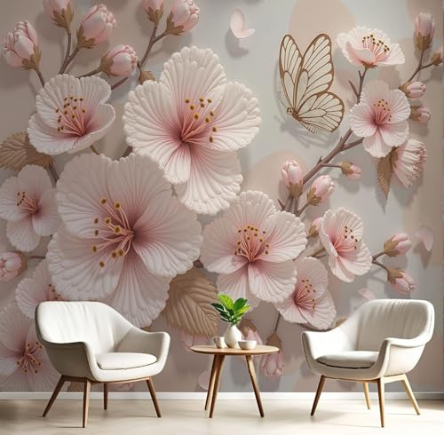 Carta da parati Rami Di Alberi Fioriti 3D Fotografica in Seta Farfalla Dei Fiori Di Pesco Sfondo Murale XXL Decorazione da Parete per Soggiorno Camera De Letto Sala Ufficio Studio, 150x105cm, Beige