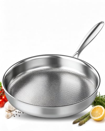 Abijan 28CM Stainless Steel Frying Pan Uncoated, 5-Ply Titanium Frying Pan | 18/10 Stainless Steel, No Chemical Coating, PTFE/PFOA Free, Suitable for All Hobs, Ergonomic Handle, Dishwasher & Oven Safe