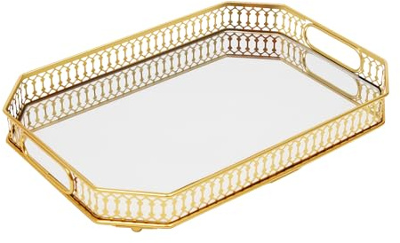 Bandeja De Servicio Dorada, Bandeja Decorativa, Bandeja De Joyería, Bandeja Para Frutas Y Bebidas, Organizador De Cosméticos Y Joyas, Bandeja De Mesa 35x25cm, Salón, Dormitorio, Comedor
