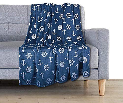 Delindo Lifestyle Kuscheldecke Nautic blau, Microfaser Fleece-Decke in 150x200 cm, flauschig weiche Maritime Wohndecke für Erwachsene und Kinder