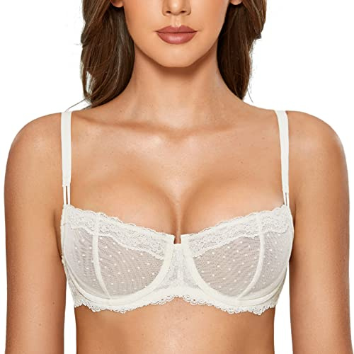 DOBREVA Women's Sexy Lace Bra Underwire Balconette Unlined Demi Sheer Plus Size Ivory 36DD