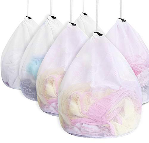 Wäschesäcke für Waschmaschine, ASANMU 6 Stück Wäschebeutel Waschmaschine mit Kordelstopper Wiederverwendbare Groß Netzbeutel für Wäsche/Schutz/Waschnetz, Waeschesack für Babywäsche/Unterwäsche/Socken