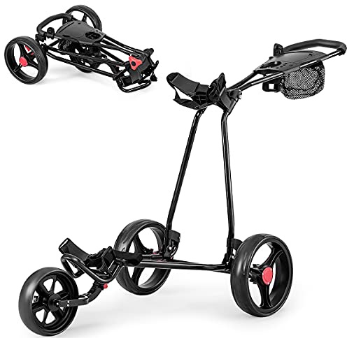GOPLUS Chariot de Golf à 3 Roues Pliable,Voiturettes Golf à 3 Roues Pliable,Pousser Tirer Le Chariot de Golf Deluxe Noir,Chariot De Golf Manuel pour Débutant et Adulte Unisexe,Ouverture Facile